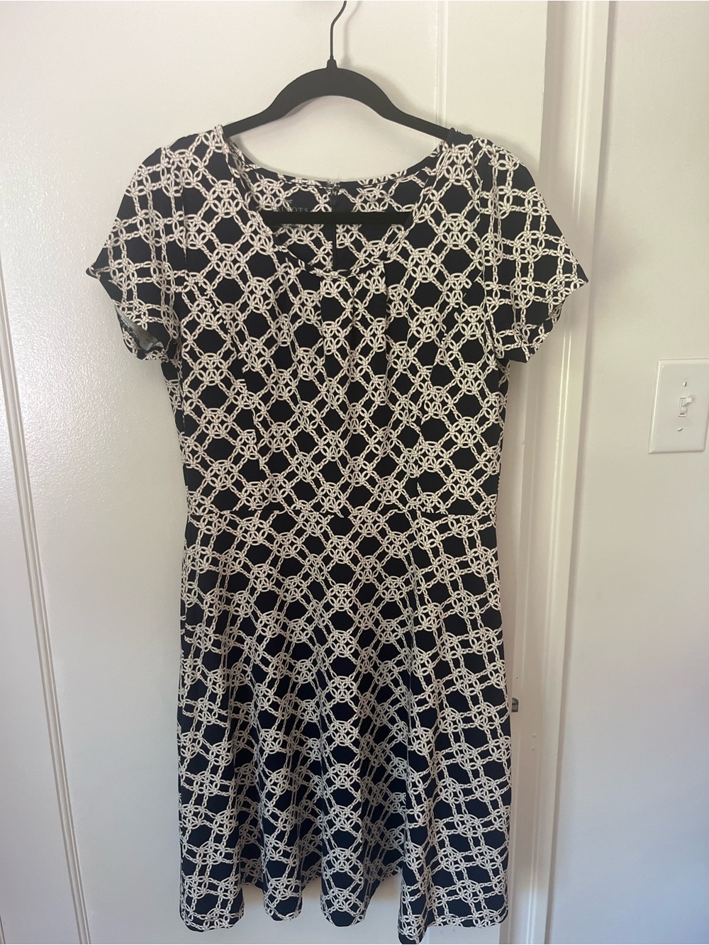 Talbots Navy and White Chain-Print Fit-and-Flare Dress